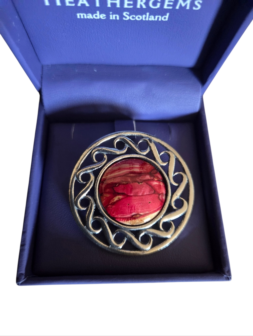 Heathergems brooch with a red heather stone in a silver Celtic design. NWT.